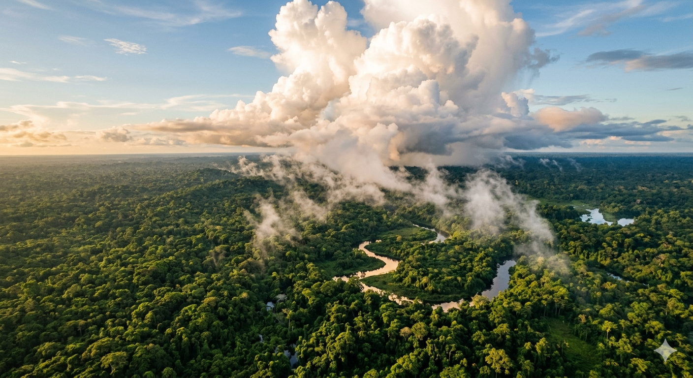 Aerial view of Amazon rainforest with cumulus clouds building above the canopy